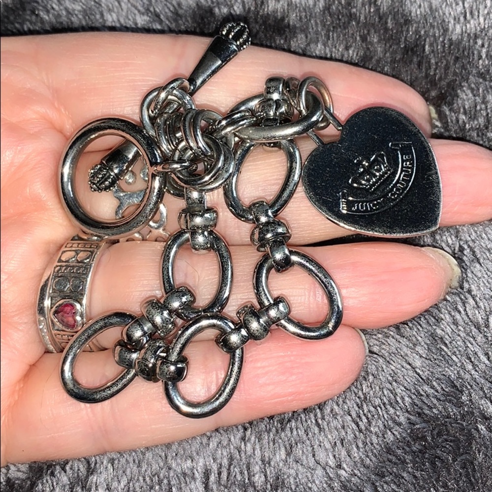 ❤️ Juicy Couture Logo Silver Tone Heart Charm Bracelet Toggle Clasp 7-1/2"